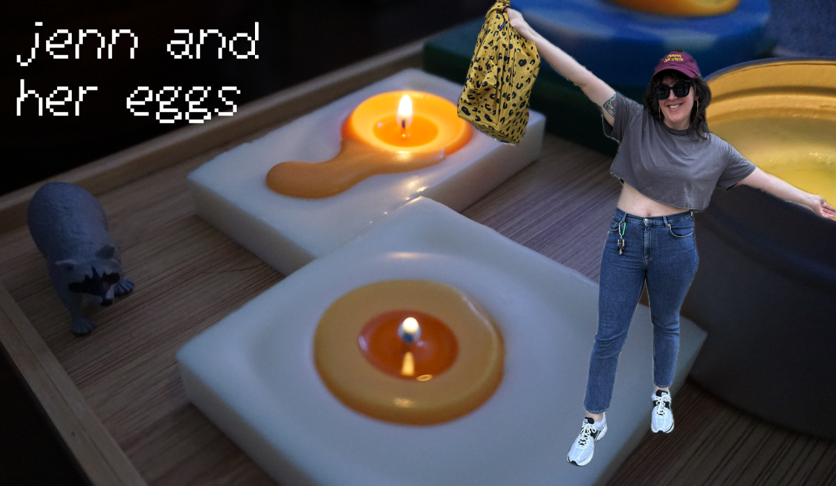image collage with a photo of my egg candles being lit next to a little raccoon figure, and there's a layer of a photo of me holding up a bag of packages, and it says "jenn and her eggs" in the corner